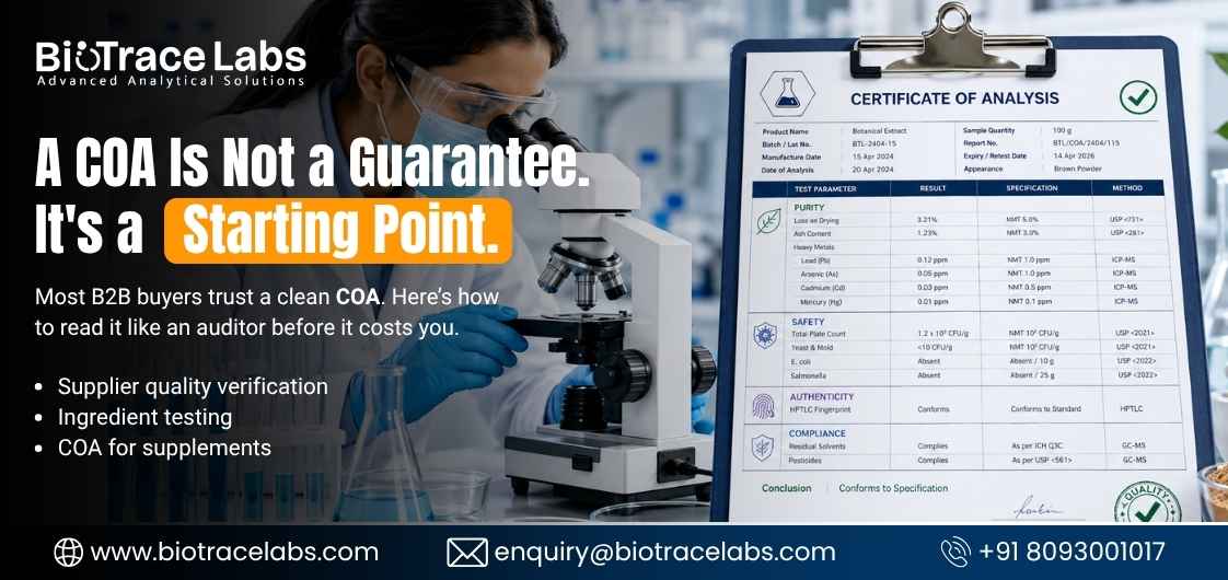 Biotrace Labs graphic: scientist using a microscope beside a certificate of analysis, with text explaining COAs are a starting point.