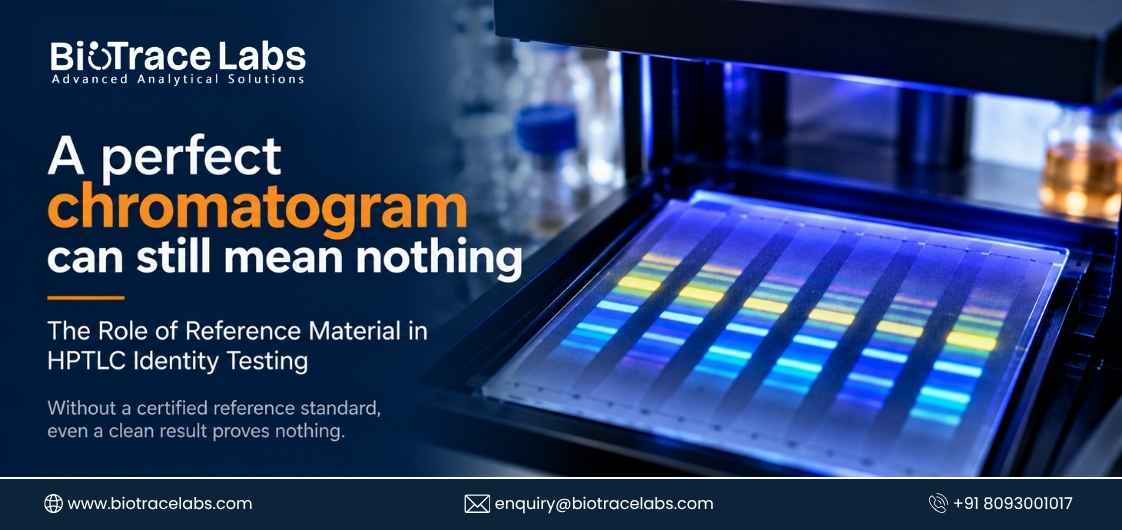 BioTrace Labs banner promoting certified reference materials for HPTLC identity testing, alongside a fluorescent chromatogram plate.