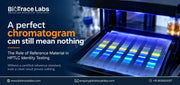BioTrace Labs banner promoting certified reference materials for HPTLC identity testing, alongside a fluorescent chromatogram plate.