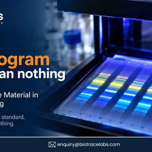 BioTrace Labs banner promoting certified reference materials for HPTLC identity testing, alongside a fluorescent chromatogram plate.
