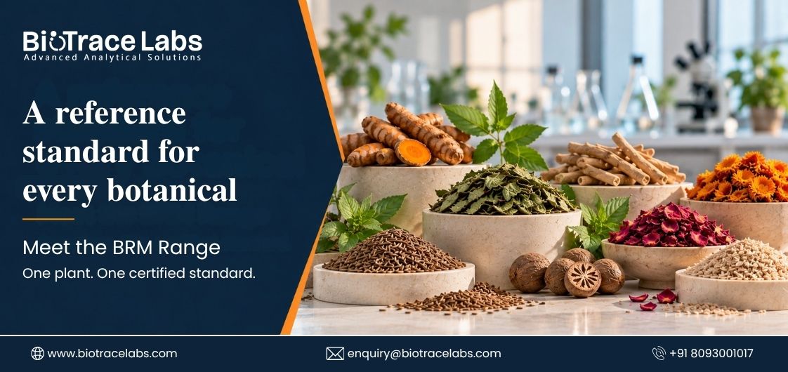 Biotrace Labs banner promoting certified botanical reference standards, with assorted herbs, spices, flowers, and contact details.