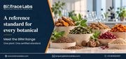 Biotrace Labs banner promoting certified botanical reference standards, with assorted herbs, spices, flowers, and contact details.