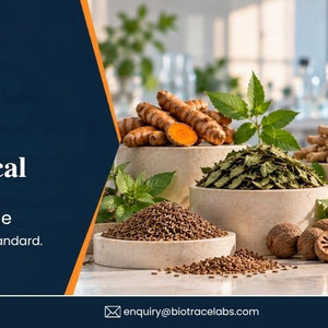 Biotrace Labs banner promoting certified botanical reference standards, with assorted herbs, spices, flowers, and contact details.
