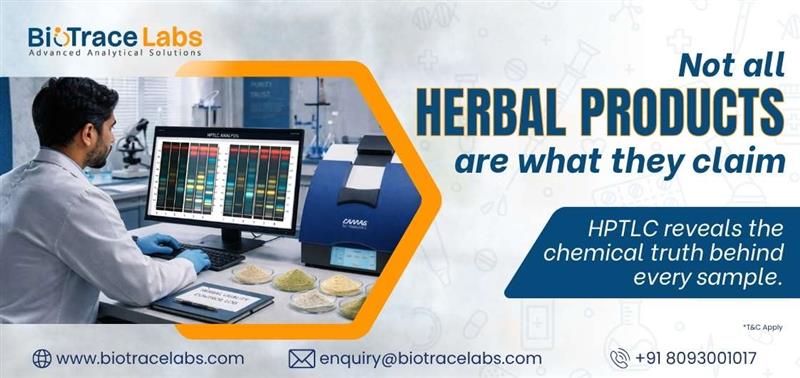 BioTrace Labs ad showing a scientist analyzing herbal samples, with text promoting HPTLC chemical testing.