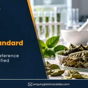 BioTrace Labs graphic about certifying botanical reference materials, with dried leaves and laboratory glassware.