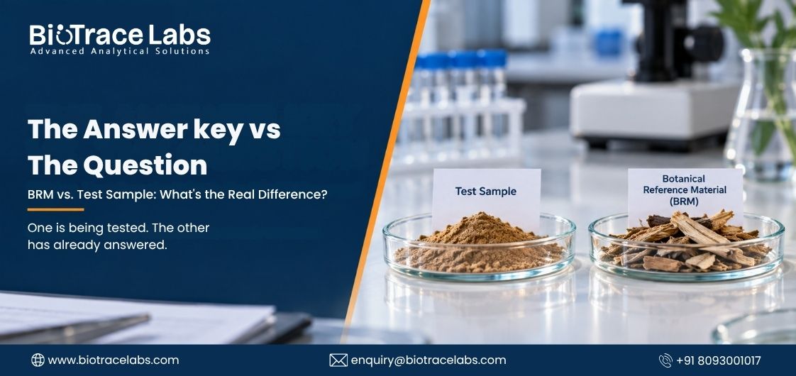 Two labeled samples on a lab table: “Test Sample” with ground material and “Botanical Reference Material (BRM)” with dried pieces, in a laboratory setting.