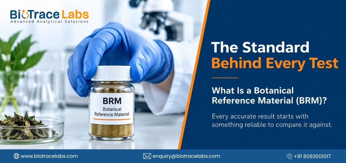 Gloved hand holding a jar labeled BRM Botanical Reference Material with dried botanicals and lab equipment in the background.