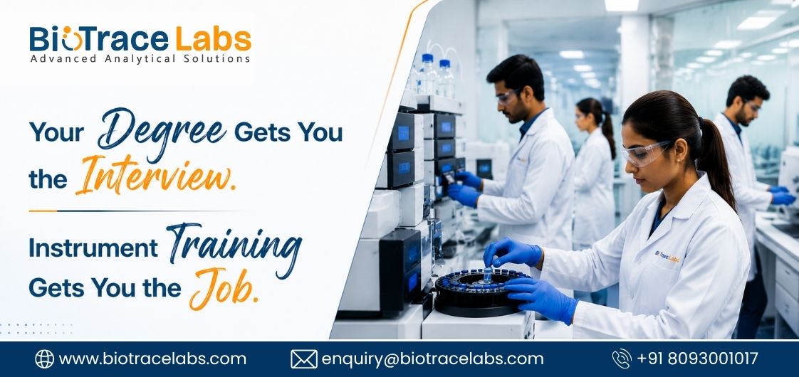 BioTrace Labs ad promoting instrument training, featuring scientists working with laboratory equipment.