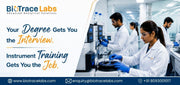 BioTrace Labs ad promoting instrument training, featuring scientists working with laboratory equipment.